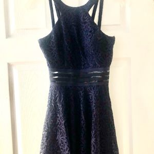 Juniors.  Navy blue high neck halter dress.